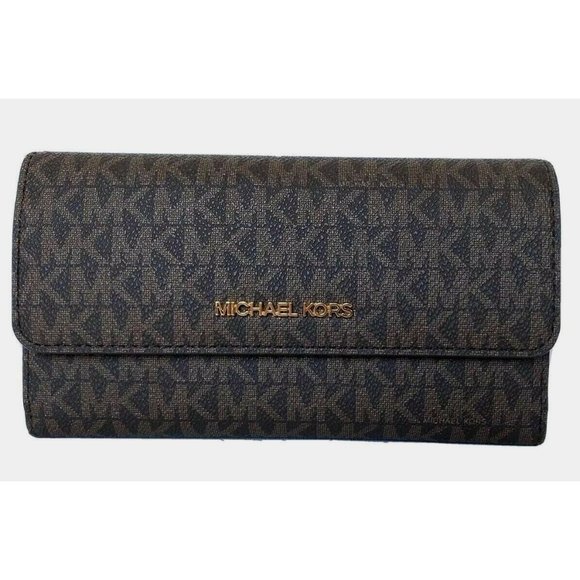 New Michael Kors Jet Set Travel Large Trifold Wallet Signature Brown - Picture 1 of 4